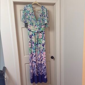 Lilly Pulitzer Pink and Blue Ruched Wrap Maxi Dress